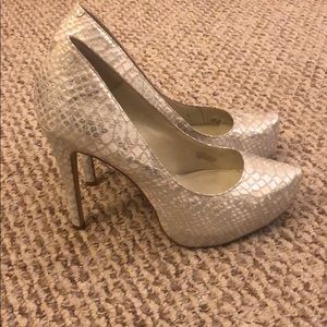 BCBGeneration silver sandalwood snakeprint pumps